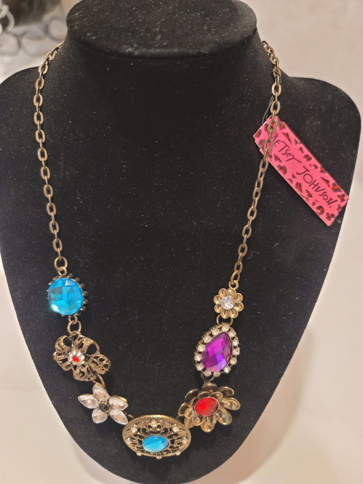 Betsey Johnson Floral Statement Necklace Blue Purple Red Crystal 18″ Signed