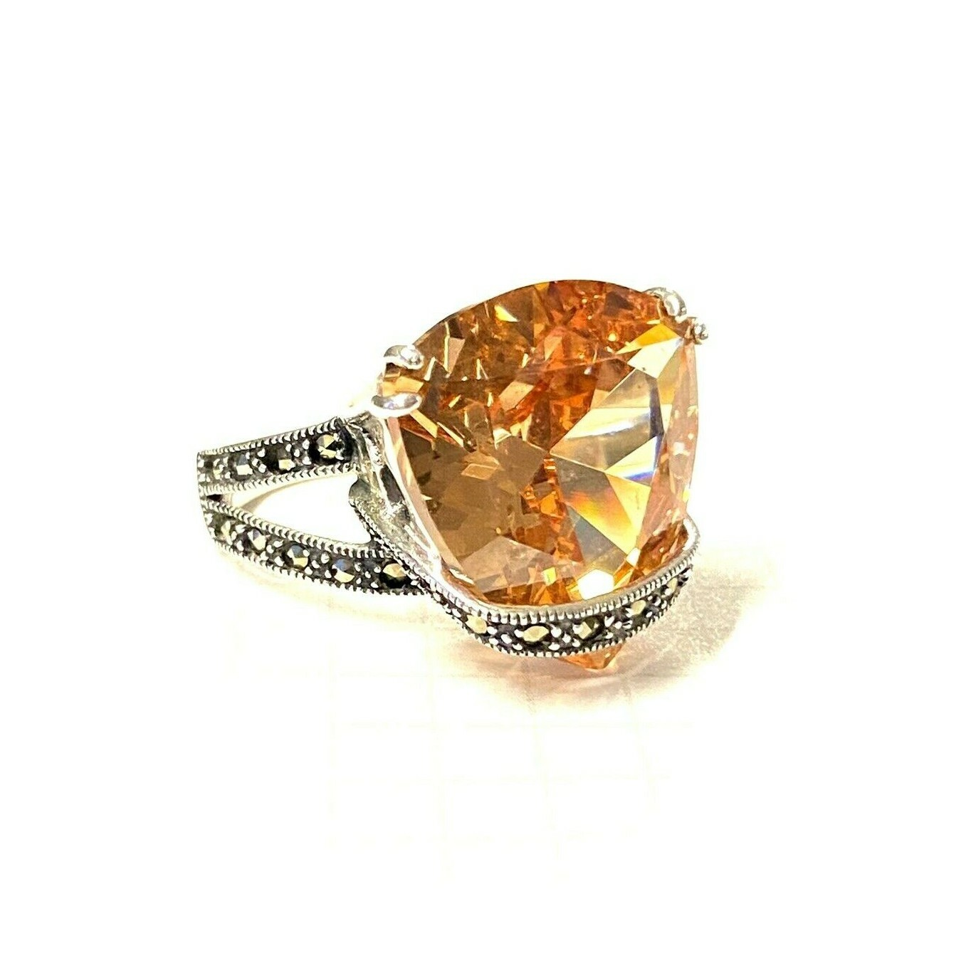 (SIZE 6,7,8,9) HUGE Amber Orange CZ Stone RING Marcasite .925 STERLING SILVER