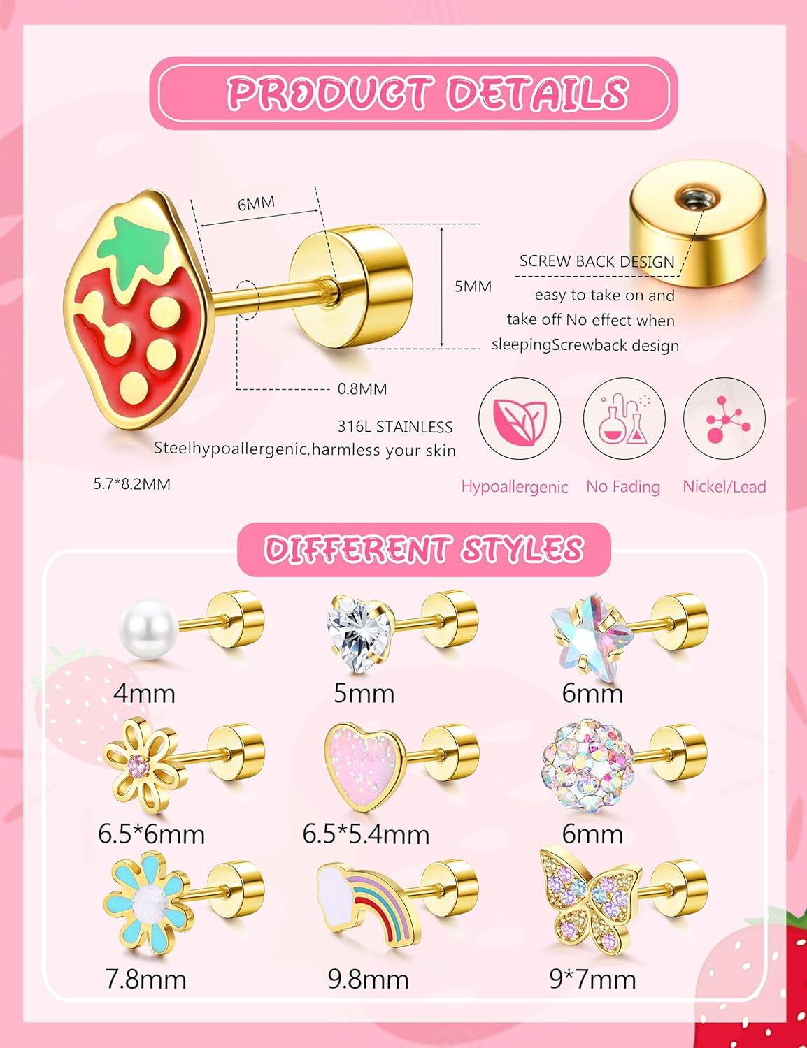 Hypoallergenic Flat Back Earrings for Girls Kids Toddler Women 10 Pair Surgical