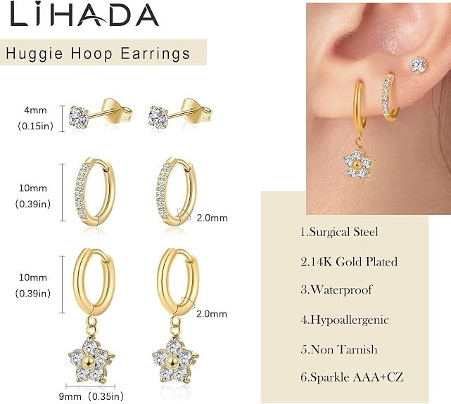 Surgical Steel Small Huggie Hoop Earrings for Women Set,14K Gold Plated Hypoalle