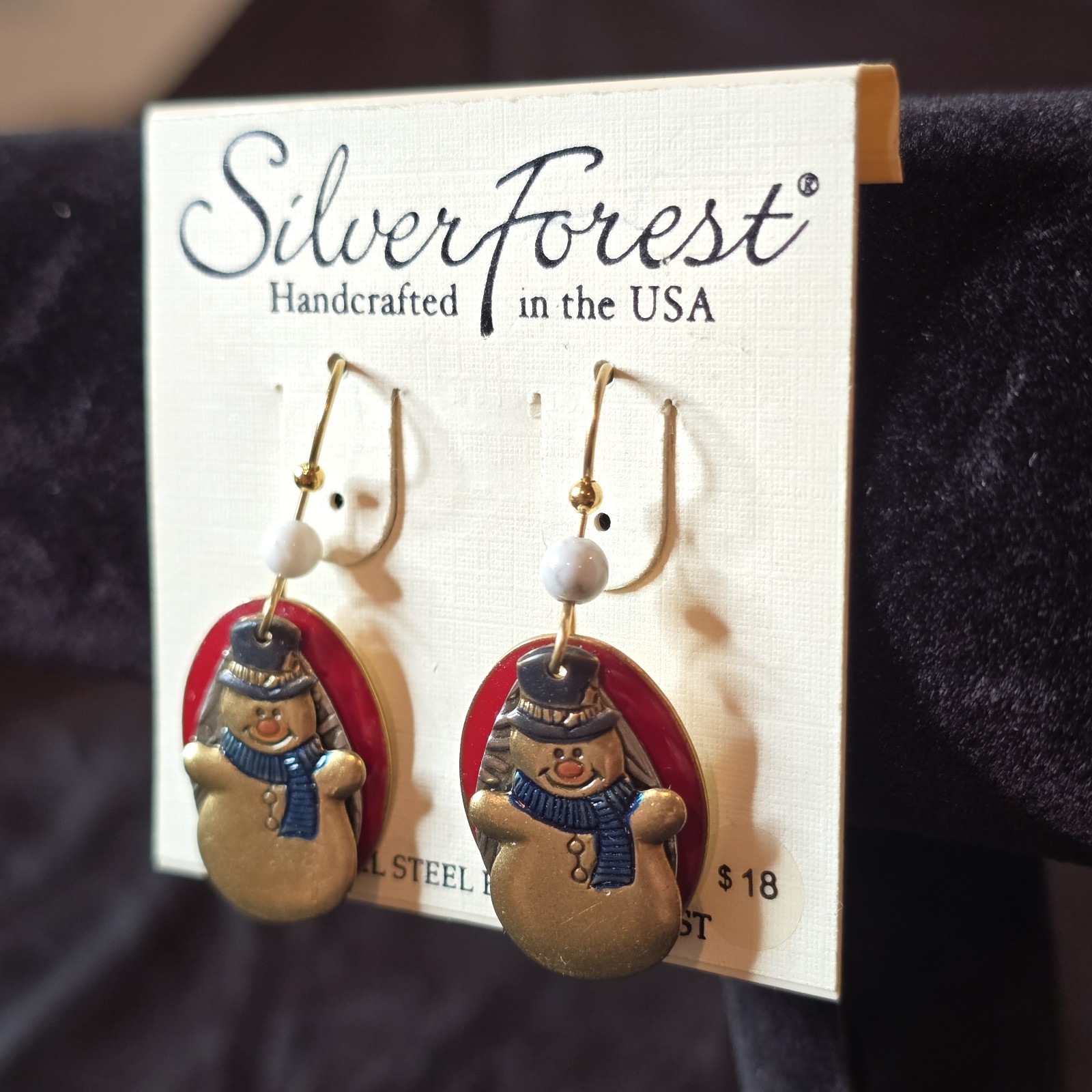 Silver Forest Snowman Christmas Dangle Earrings Handcrafted USA Holiday Wearable