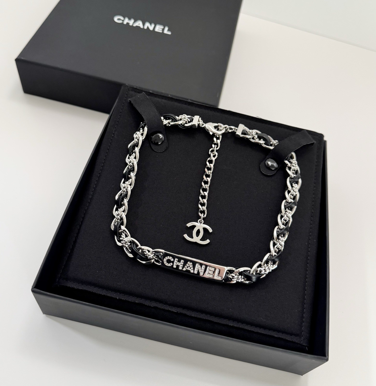 Chanel Necklace Black Leather Chain Crystal CC Choker 26C Authentic W/Box NWT
