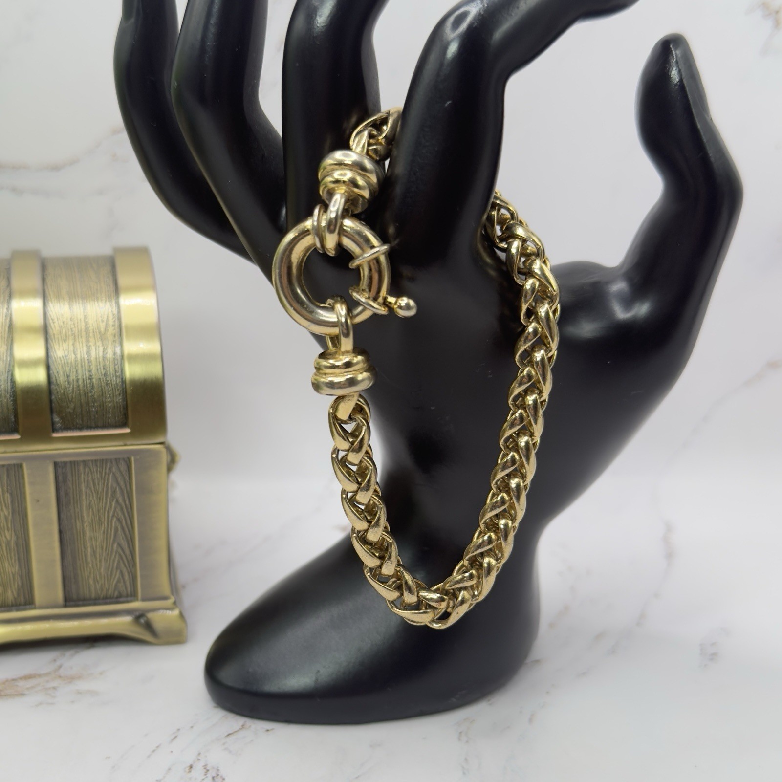 Gold Tone Wheat Link Chain Bracelet Large Spring Ring Bolt Clasp Fashion Jewelry