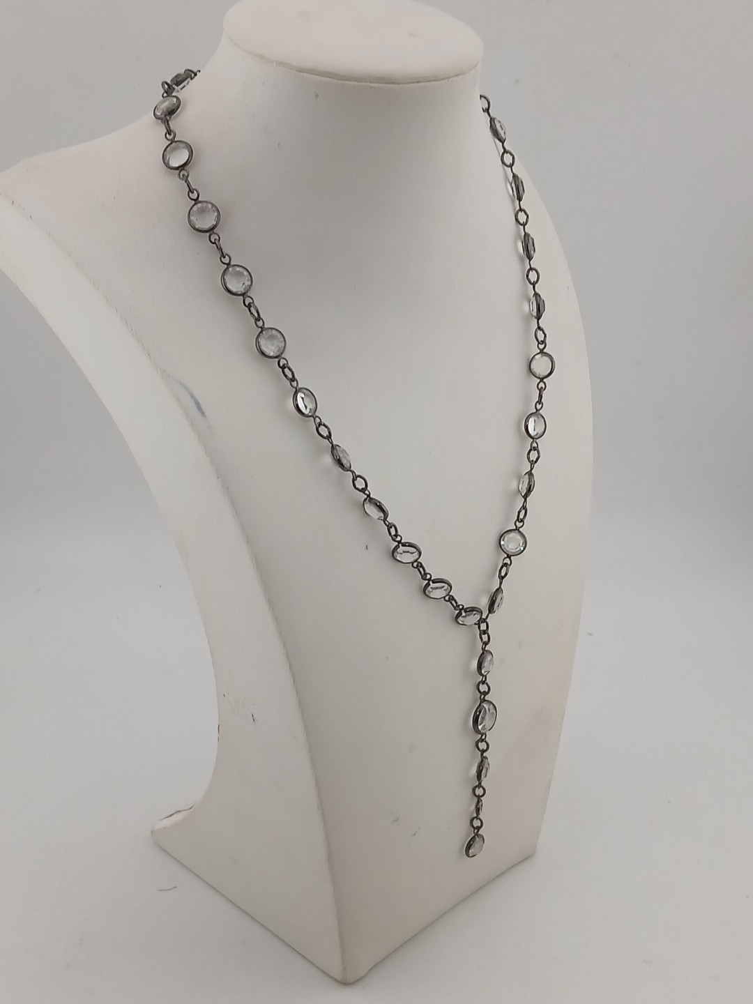 LUCY ISAACS NYC 1990 gunmetal open bezel Swarovski crystals Y Design Necklace