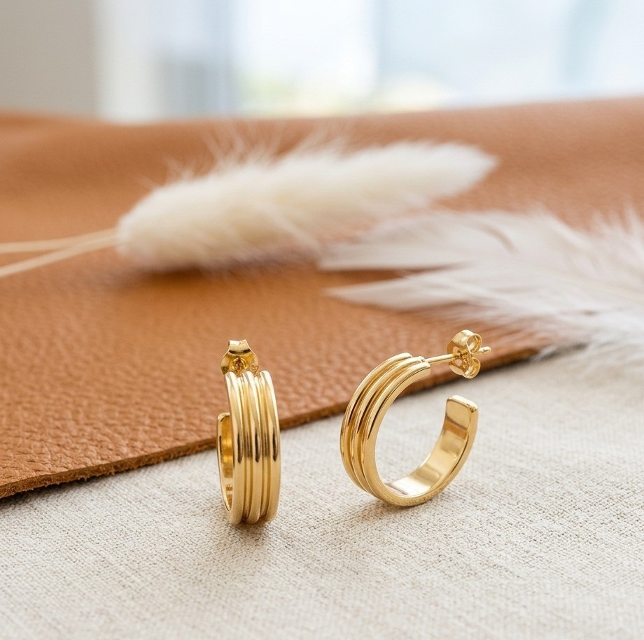 18k Gold Tone Triple Row Hoop Chunky Earrings 925 Sterling Silver Women Fashion