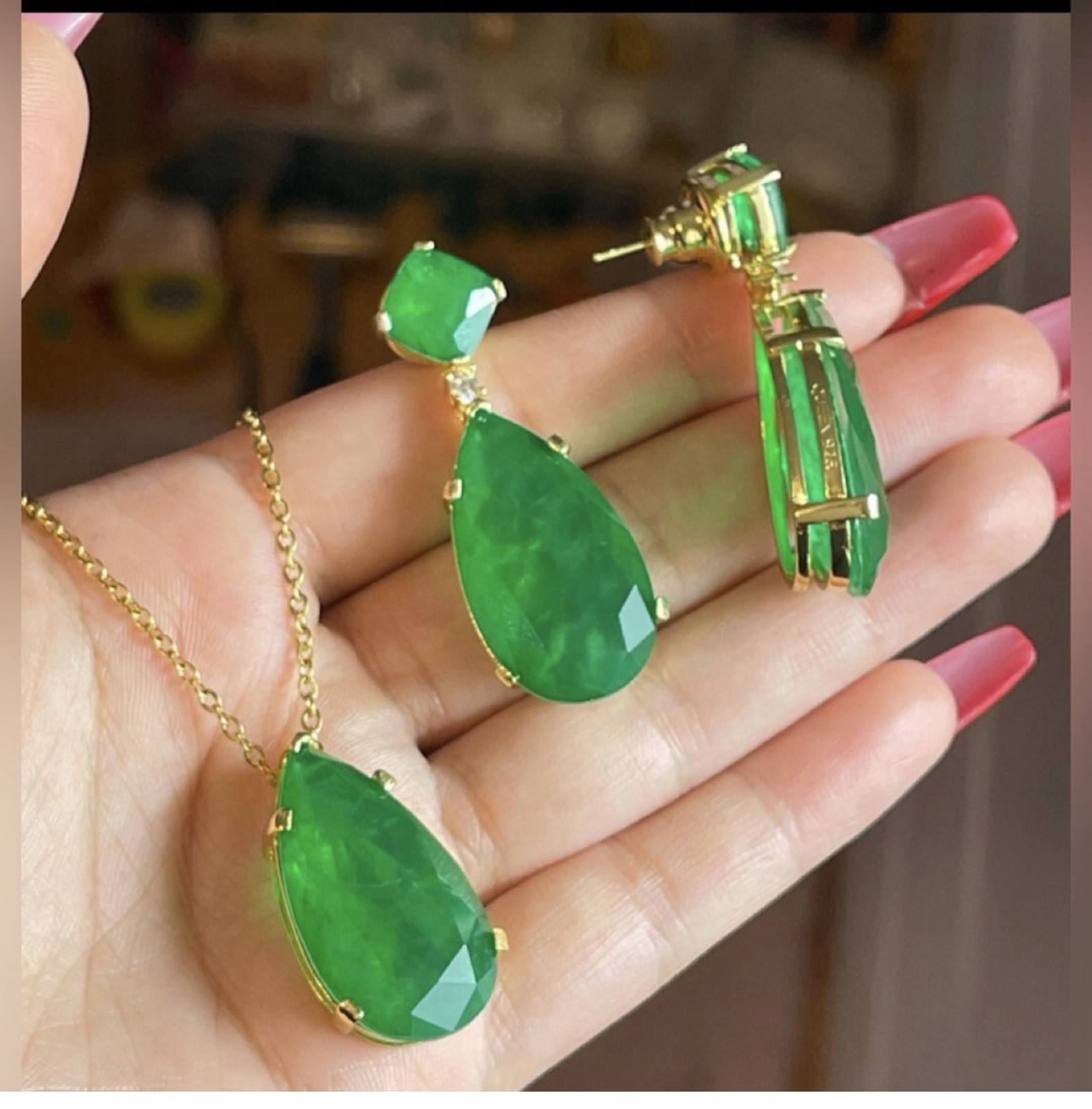Green Pear 100% Zambian Emerald Necklace & Earrings Jewelry Elegant Teardrop