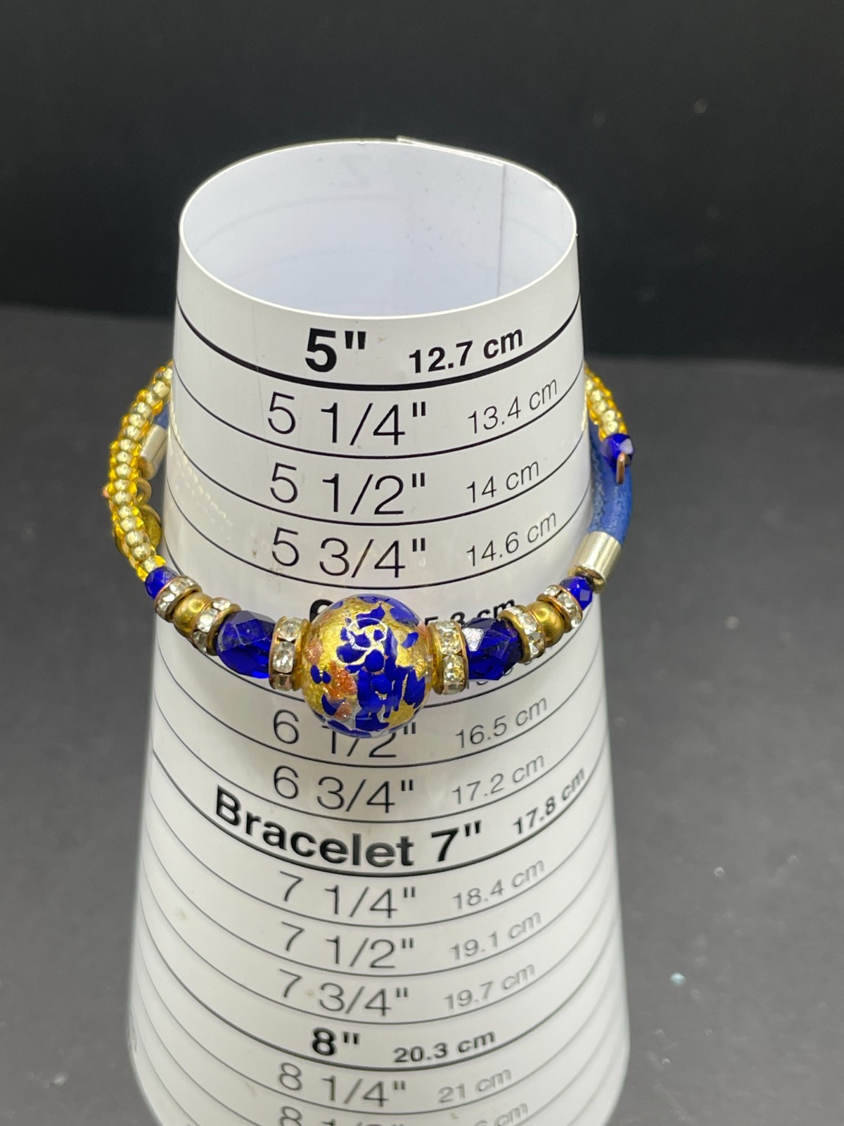 Murano Glass Coil Wrap Bracelet Blue Gold Foil Venetian Bead Rhinestone Leather