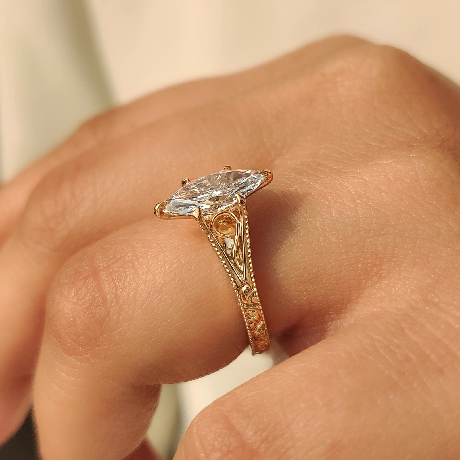 2.00CT Solitaire Lab Grown Diamond Marquise Cut Diamond Ring in Milgrain Details