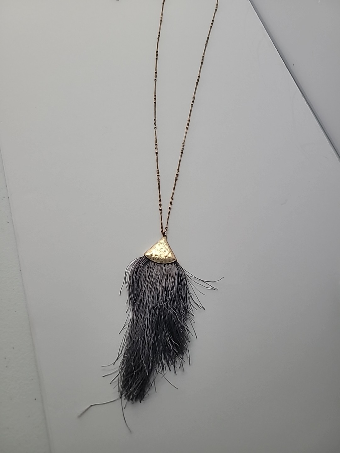 Vintage Gold Tone Hammered Fan Pendant Gray Tassel Necklace Boho Fringe Jewelry