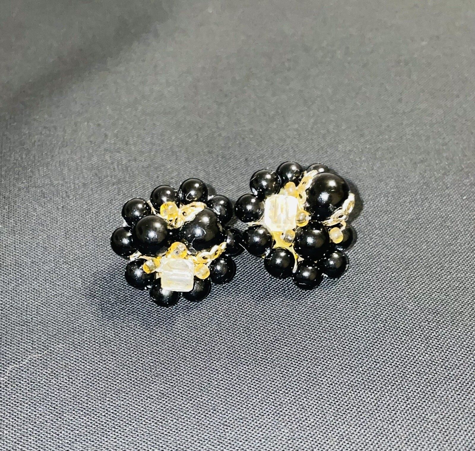 Black Cluster Clip On Earrings Faceted Beads W/one Clear, Gold Tone .5″ Vtg.