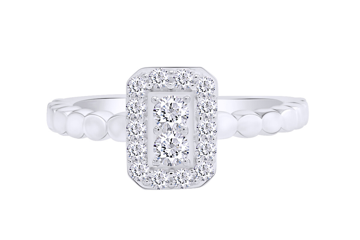 Baguette & Round Cut Simulated Diamond Beaded Halo Ring in 14k White Gold Plated