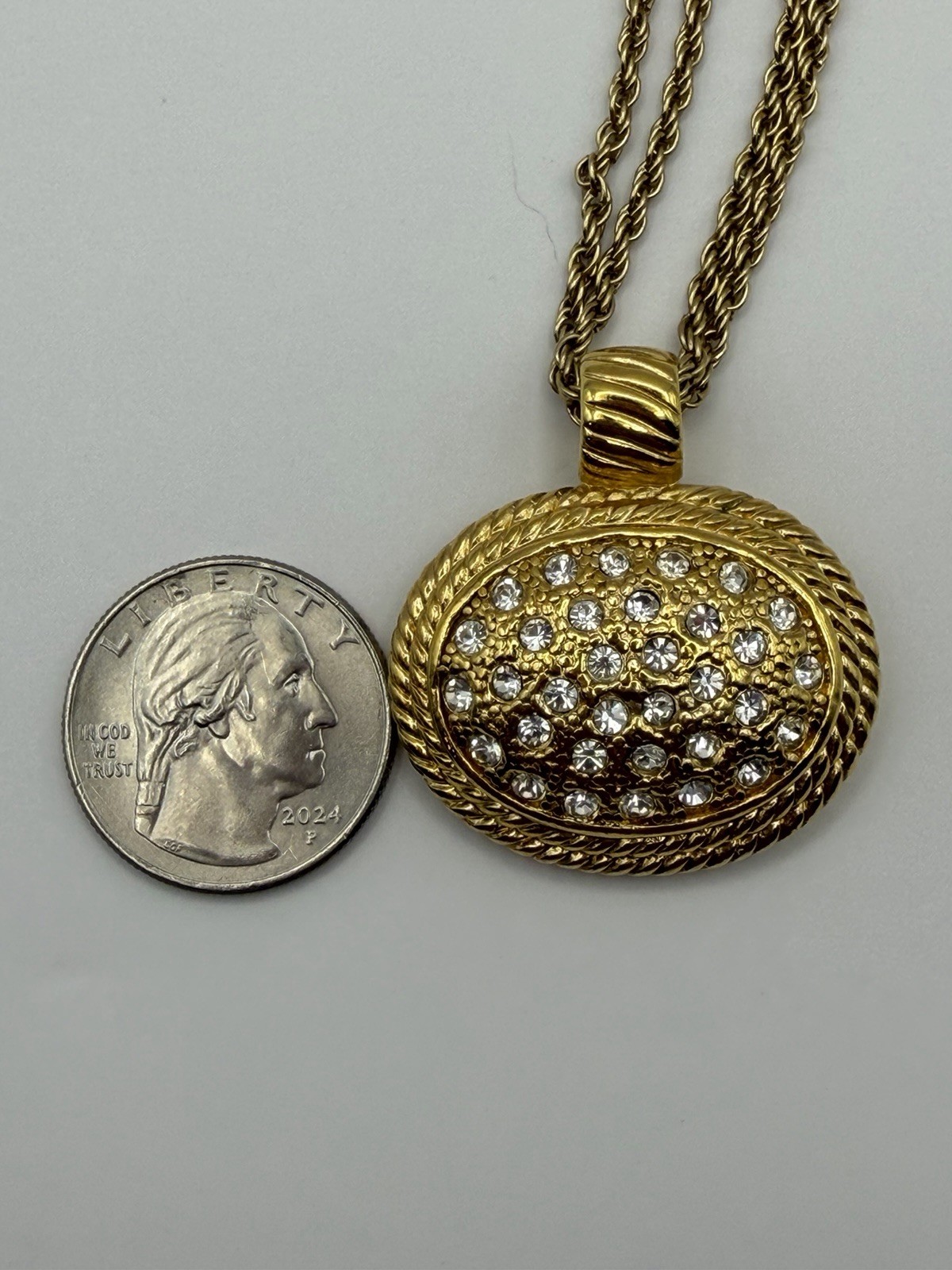 Roman Signed Gold Tone Oval Rhinestone Choker, Double Rope Chain (not original)