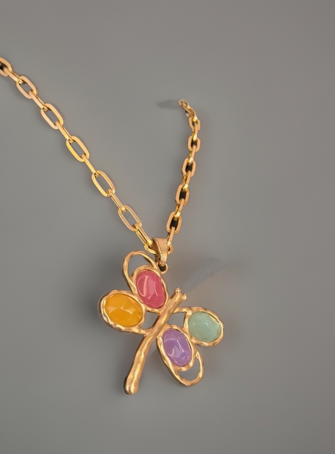 Gold Tone Paperclip Chain Link Necklace Multicolor Dragonfly Acrylic Stones 38″
