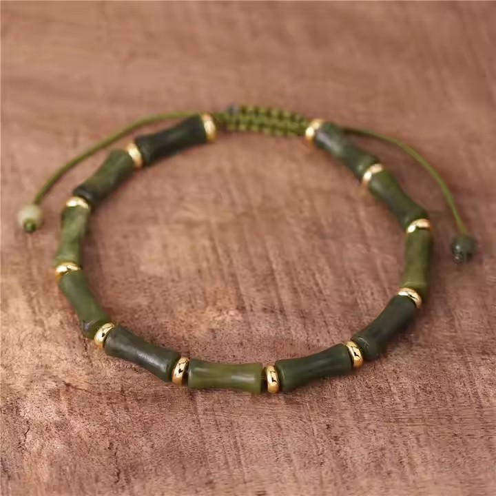 Green Jade Bamboo Shaped Beads Healing Gemstone Bracelet Green Gemstone Bracelet
