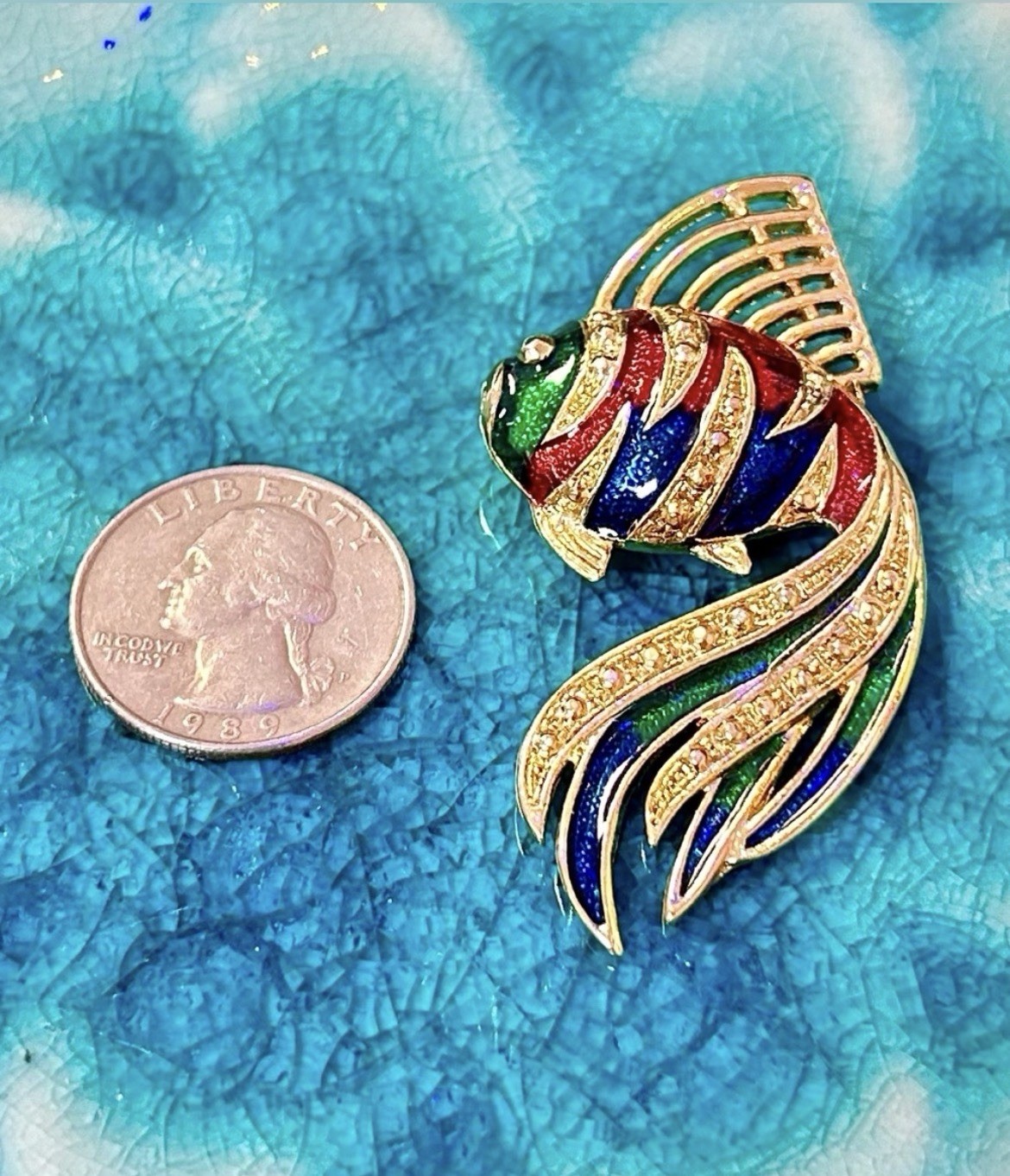 Gold Tone Enamel Fish Brooch Pin Red Blue Green Animals & Insects Theme 1980’s