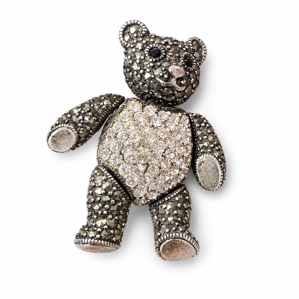 A925 STERLING SILVER MARCASITE TEDDY BEAR MOVEABLE PIN BROOCH BLACK CRYSTAL EYES