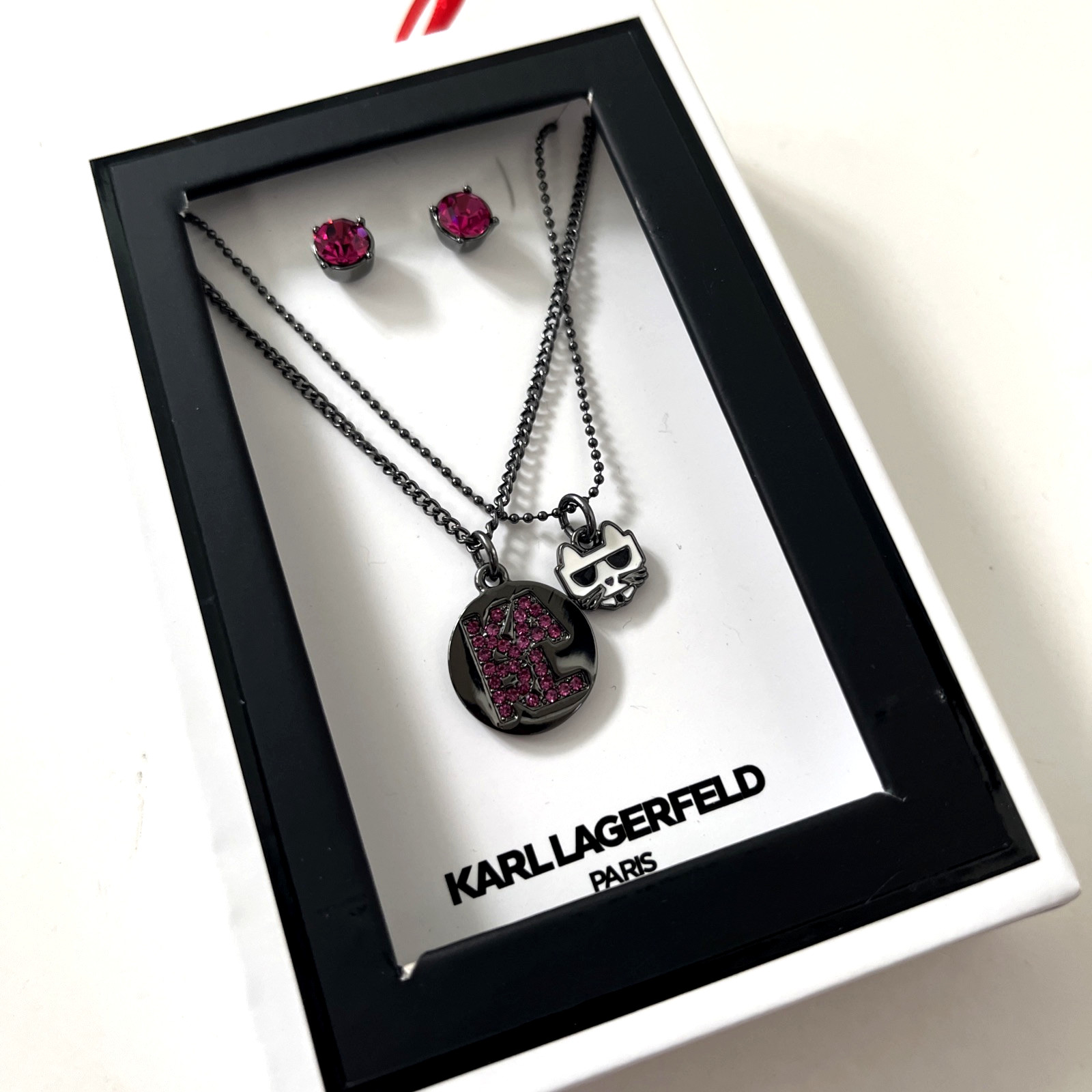 New in Box 2pc KARL LAGERFELD Pavé Logo Layered Pendant Necklace & Stud Earrings
