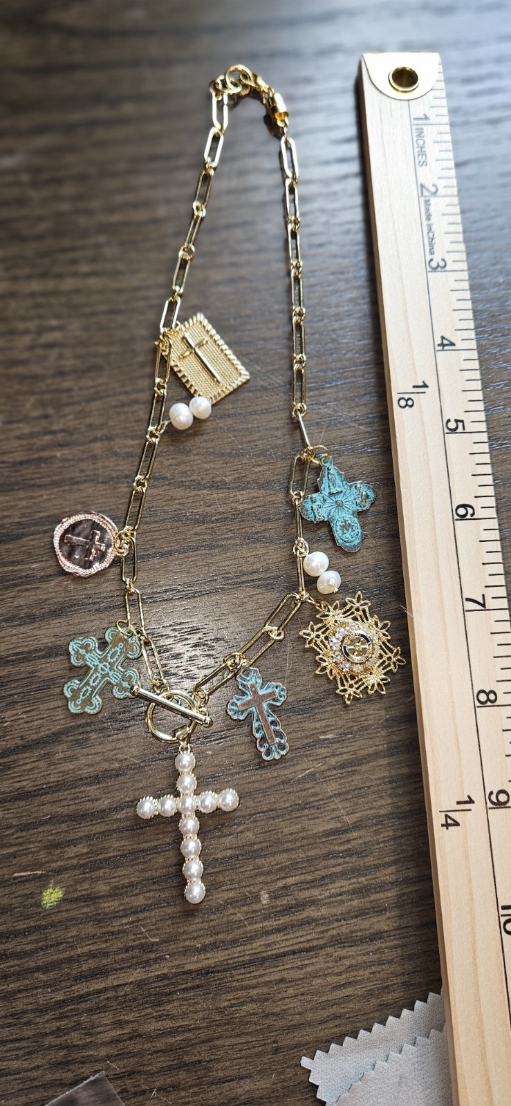 Gold Tone Bar Link Charm Necklace Pearl & Crystal Cross Pendant Toggle