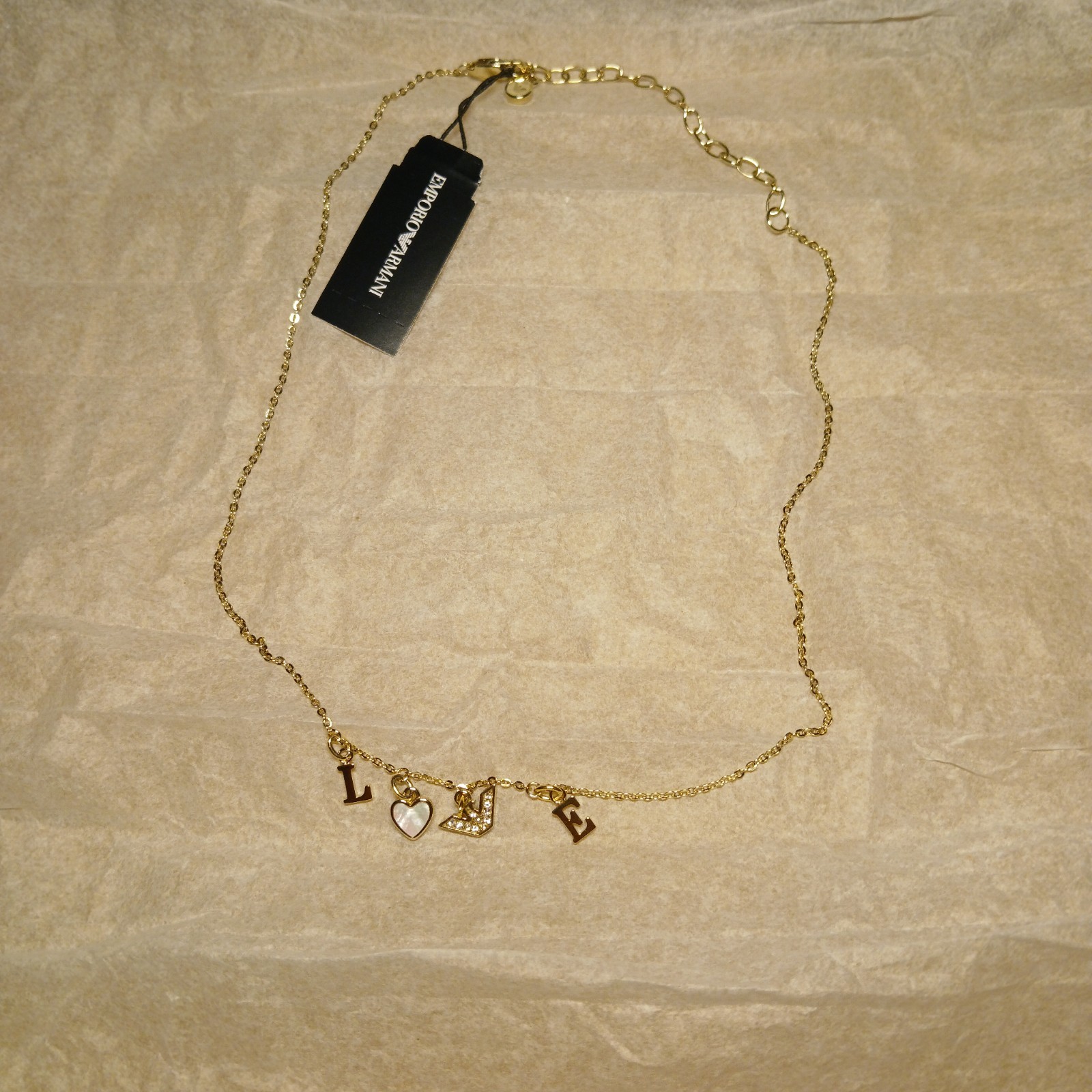 NWT 140$ Emporio Armani Gold Tone Steel LOVE Necklace New In Box