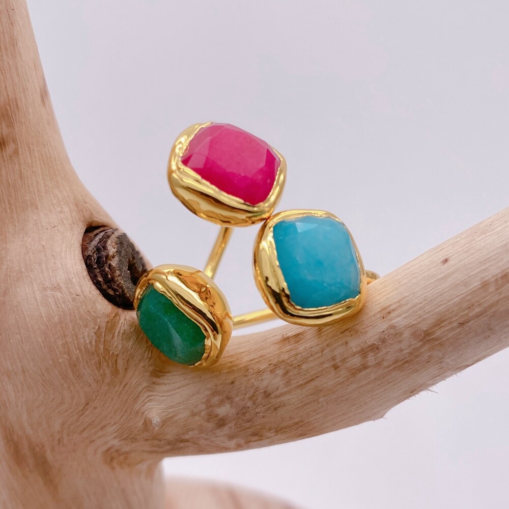 Green Blue Red Jade Gold Plated Adjustable Ring Handmade Jewelry