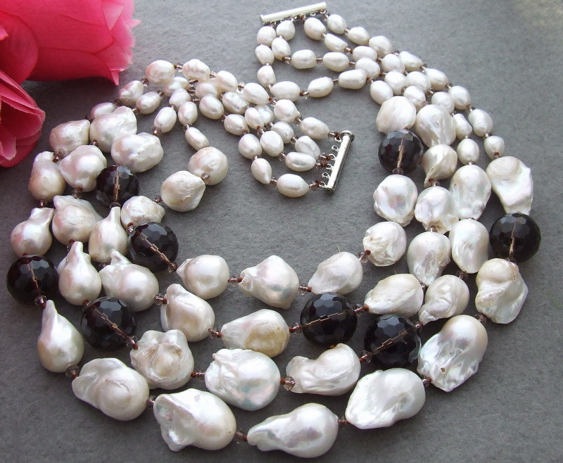 25mm White Keshi Pearl Smoky Quartz Crystal Necklace