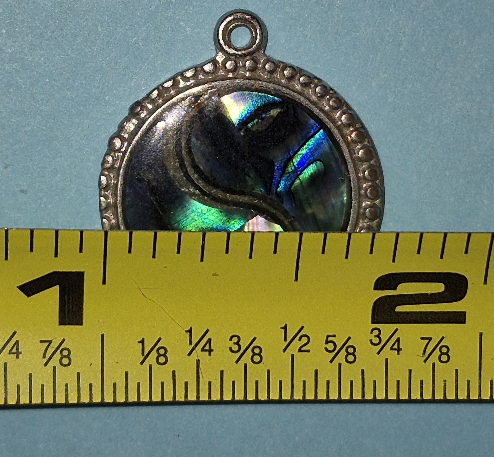 Round Abalone Shell Inlay Pendant Charm Silver Tone Blue Green Bezel Set