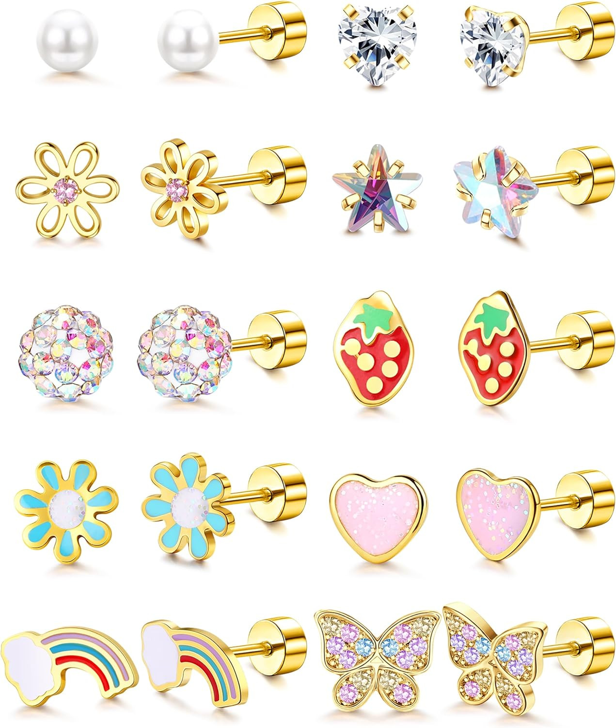 Hypoallergenic Flat Back Earrings for Girls Kids Toddler Women 10 Pair Surgical