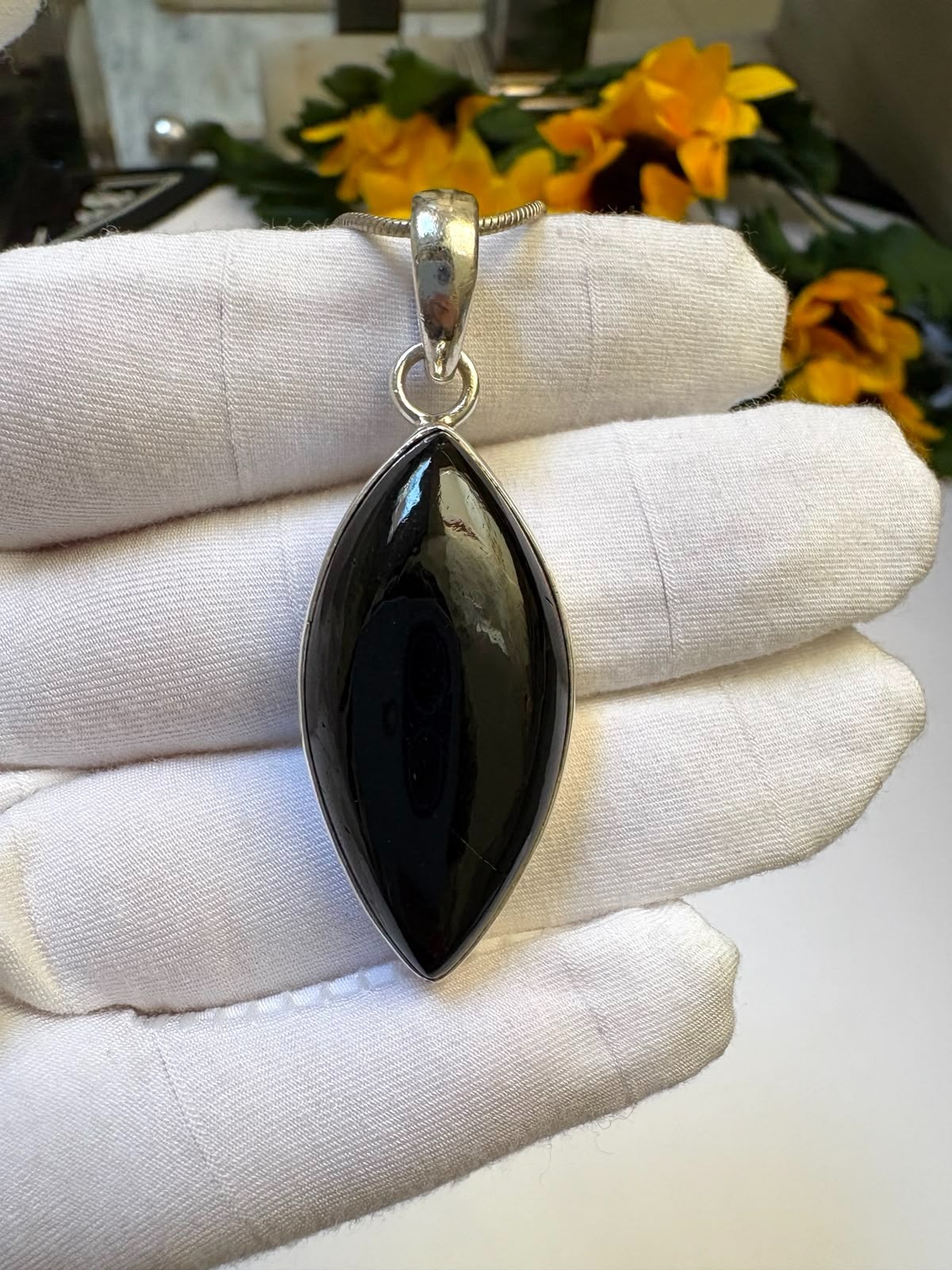 Black Tourmaline Pendant 46.20Ct w/ 18.80Ct Silver Chain 925 Sterling