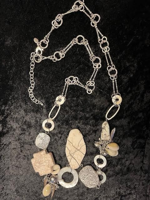 Vintage Signed CHICO’S Stone, Metal, Shell Beads w/Metal Chain 36″ Asymmetrical