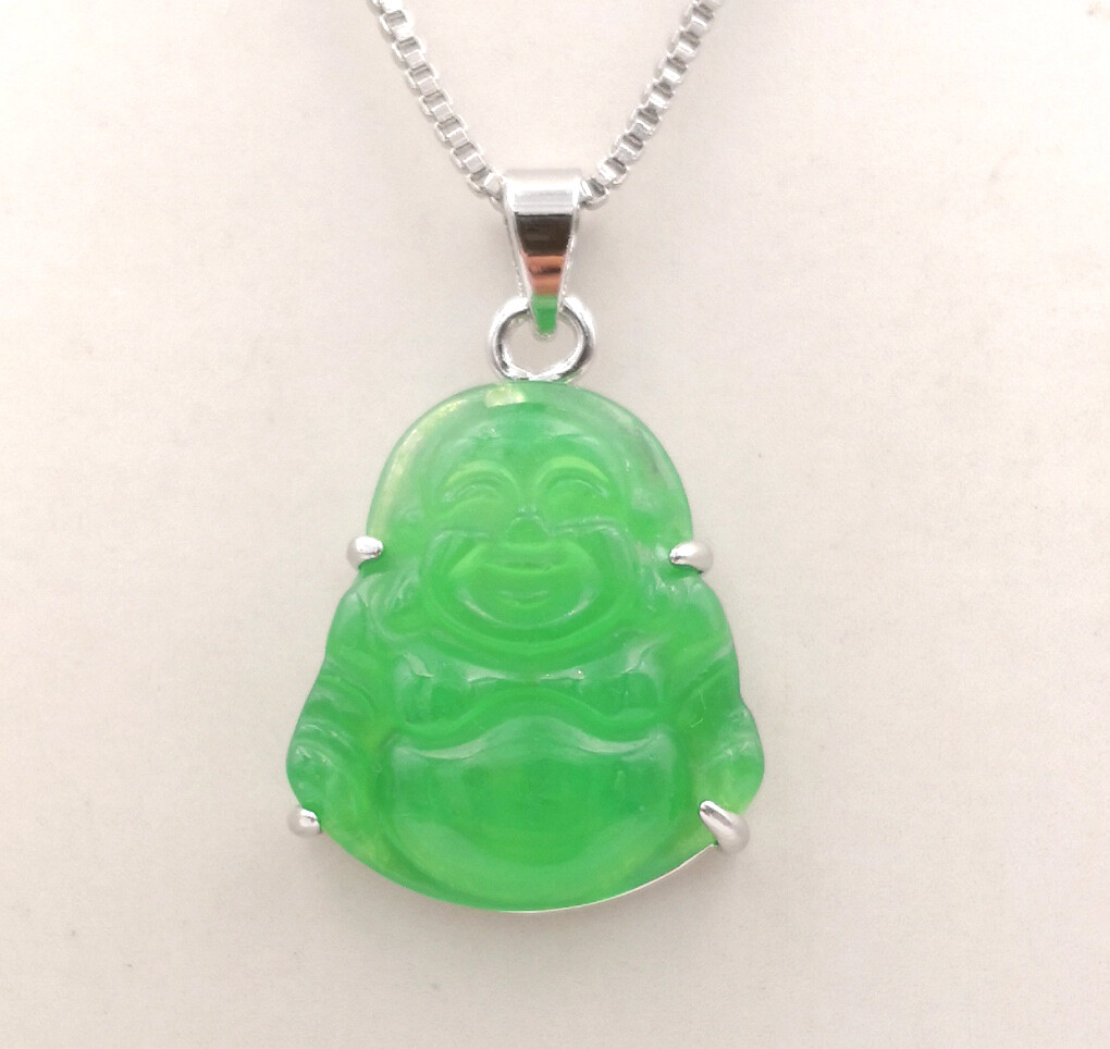 Green Multicolor Jade Laugh Maitreya Buddha 18KGP Lettering Pendant Necklace