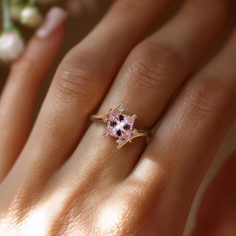 Fashion Women 18k Gold Plated Pink CZ Rhombus Band Ring Size 6-10