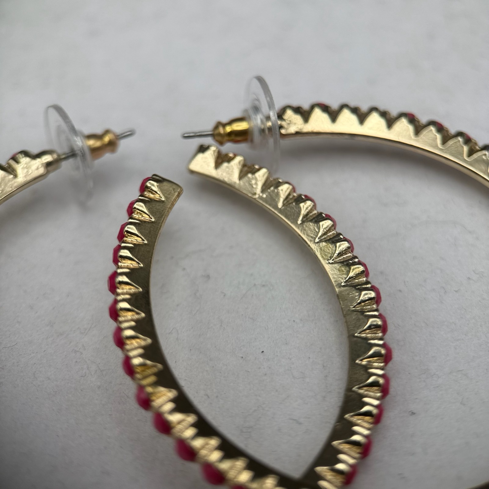 Vintage Plastic Coated Aluminum Pink/Magenta Rhinestone Fashion Enamel Hoop