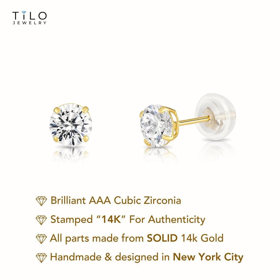 14K Real Solid Gold Solitaire Round CZ Sleeper Studs Earrings Silicone Push-back