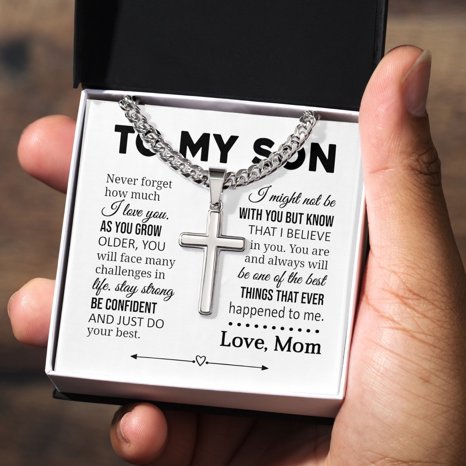 To My Son Love Mom Cross Necklace Cuban Chain Faith Jewelry Confident I Love You