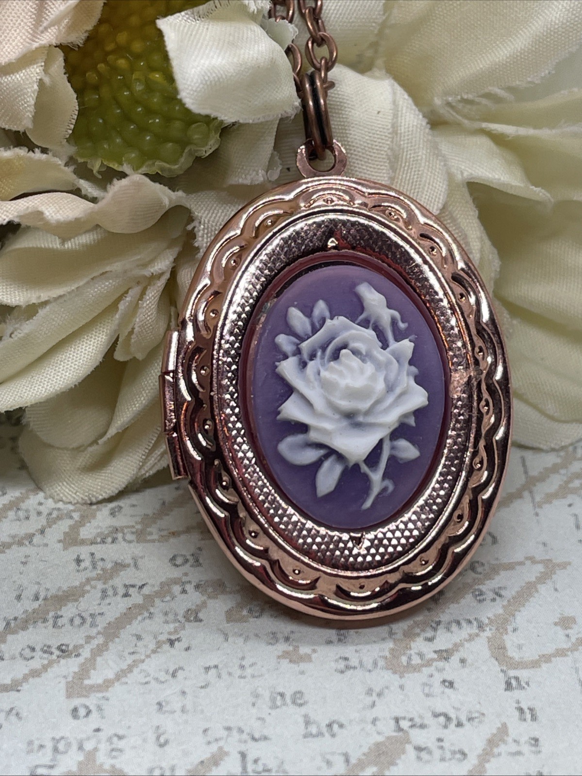 Dainty Rose Gold Locket Cameo Purple Whit Wedding Jewelry Gift Birthday Necklace