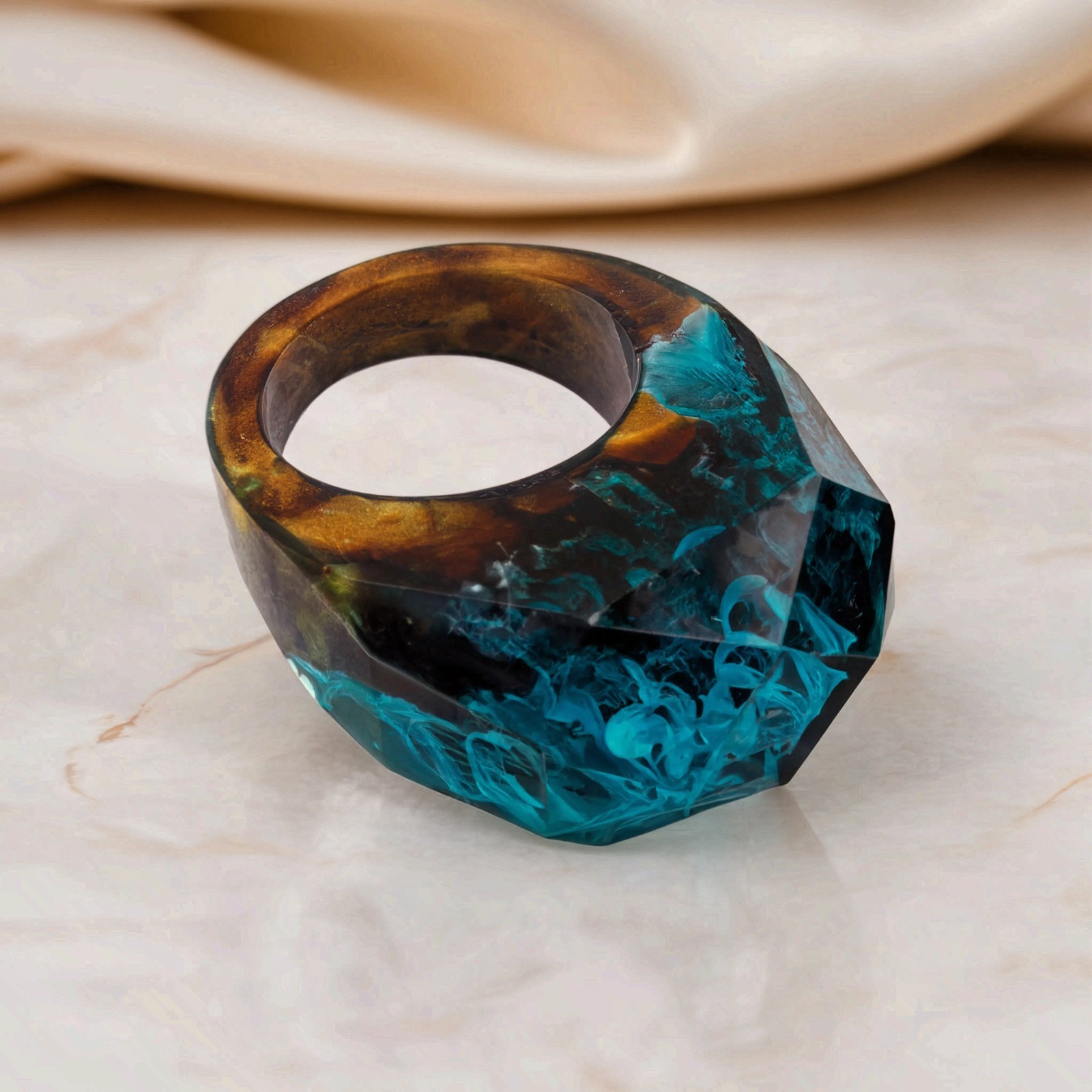 Wood Resin Ring Ocean Blue Epoxy Landscape Faceted Statement Ring Handmade Band
