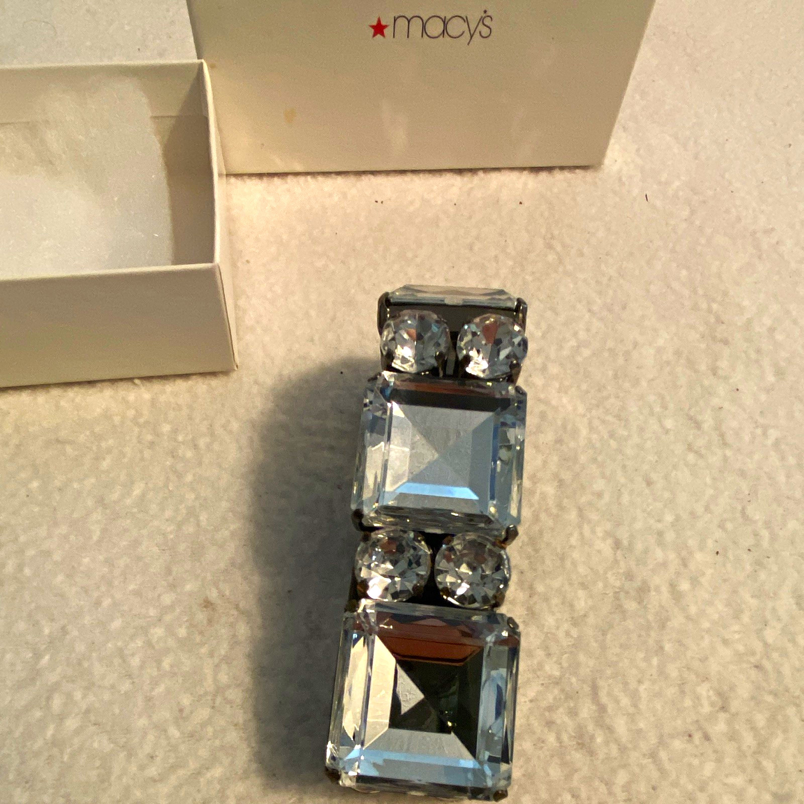 Macy’s Silver Tone Stretch Cuff Bangle Bracelet Clear Asscher Crystal Squares