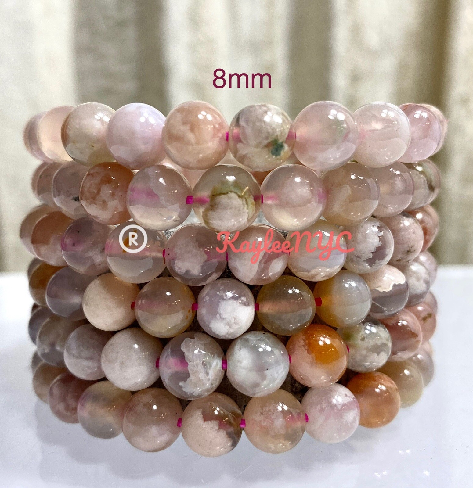 Wholesale lot 6 Pcs Natural Flower Agate 8mm 7.5” Stretch Bracelet