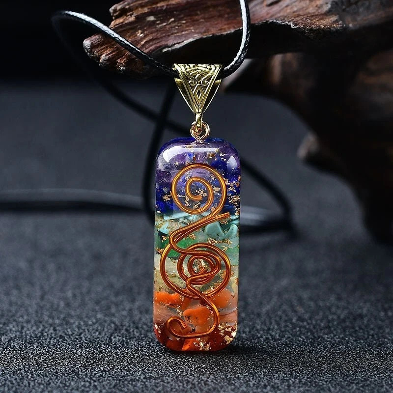 7 Chakra Natural Stone Orgonite Pendant Healing Energy Resin Amulet Necklace Gif