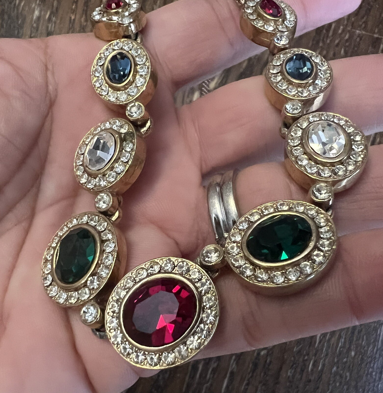 Gold Plated Red Green & Blue Crystal Necklace & Clip On Earring Set