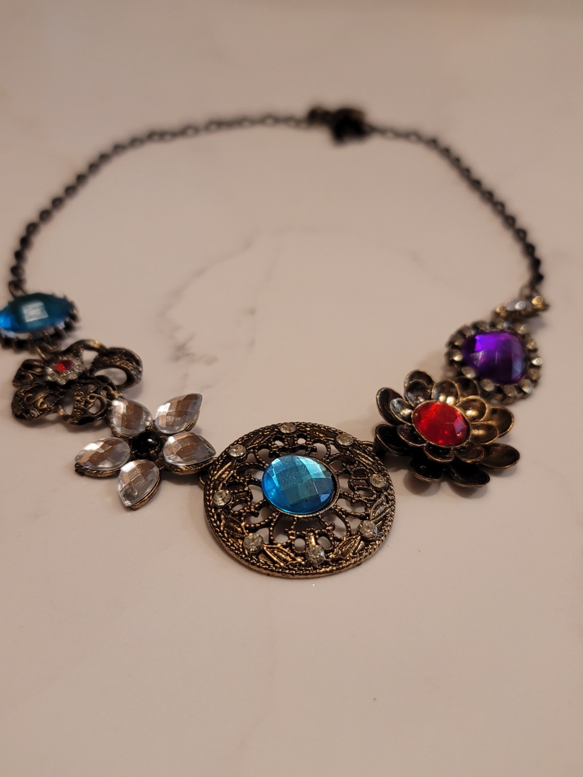 Betsey Johnson Floral Statement Necklace Blue Purple Red Crystal 18″ Signed