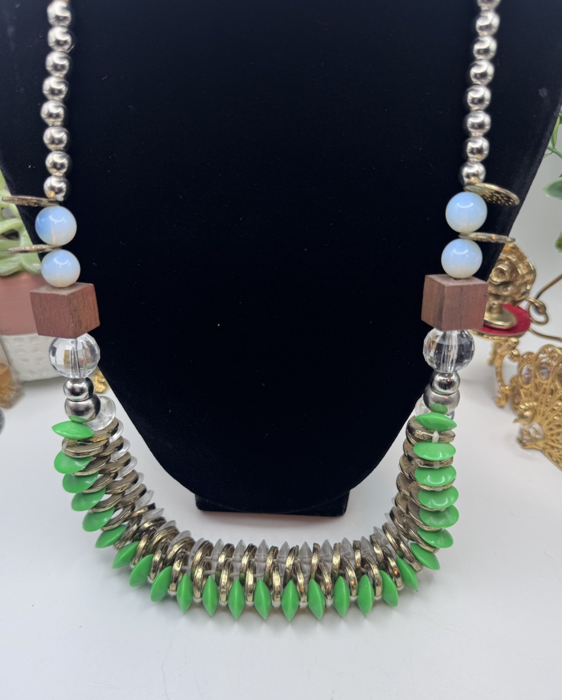 Pam Hiran Coil & Beads Necklace Green-Clear Glass & Gold Beads Whit Silver Chain