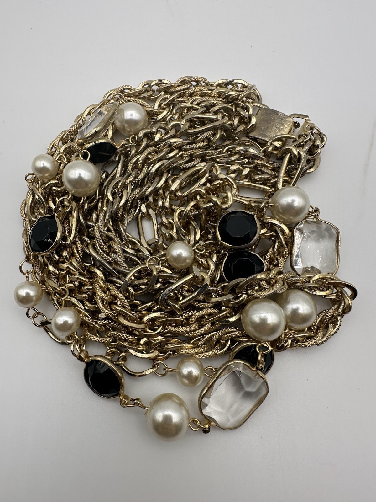 Statement Necklace Gold Tone Layered Cable Chain Sim Pearl Black Clear Beads