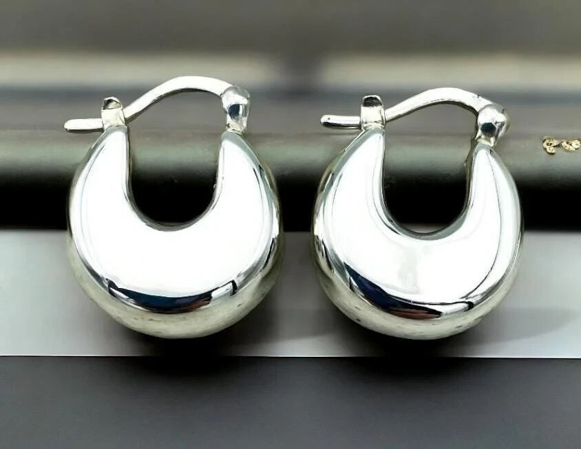 925 Sterling Silver Chunky Hoop Earrings-Everyday Lightweight Latch Back 1427
