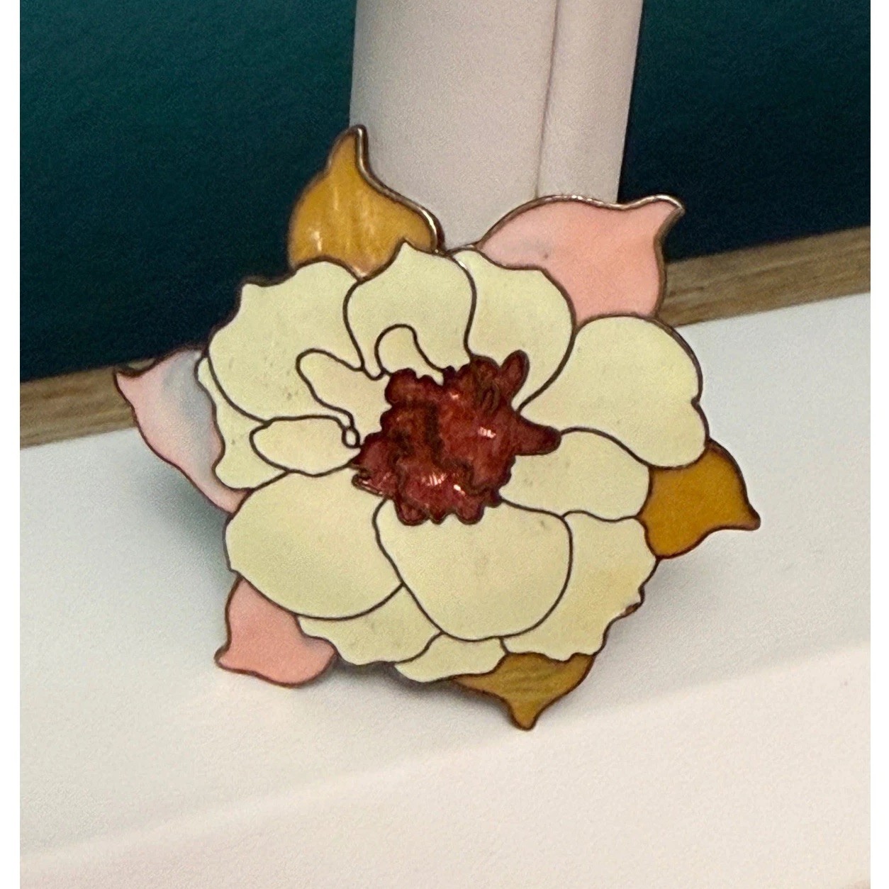 Vintage Cloisonne Enamel Flower Brooch Pin Pink Cream Floral Retro Cottagecore