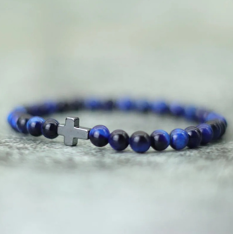 1 pc Minimalist Men’s Cross Bracelet – 6mm Tiger Eye Stone Beaded Wristband Gift