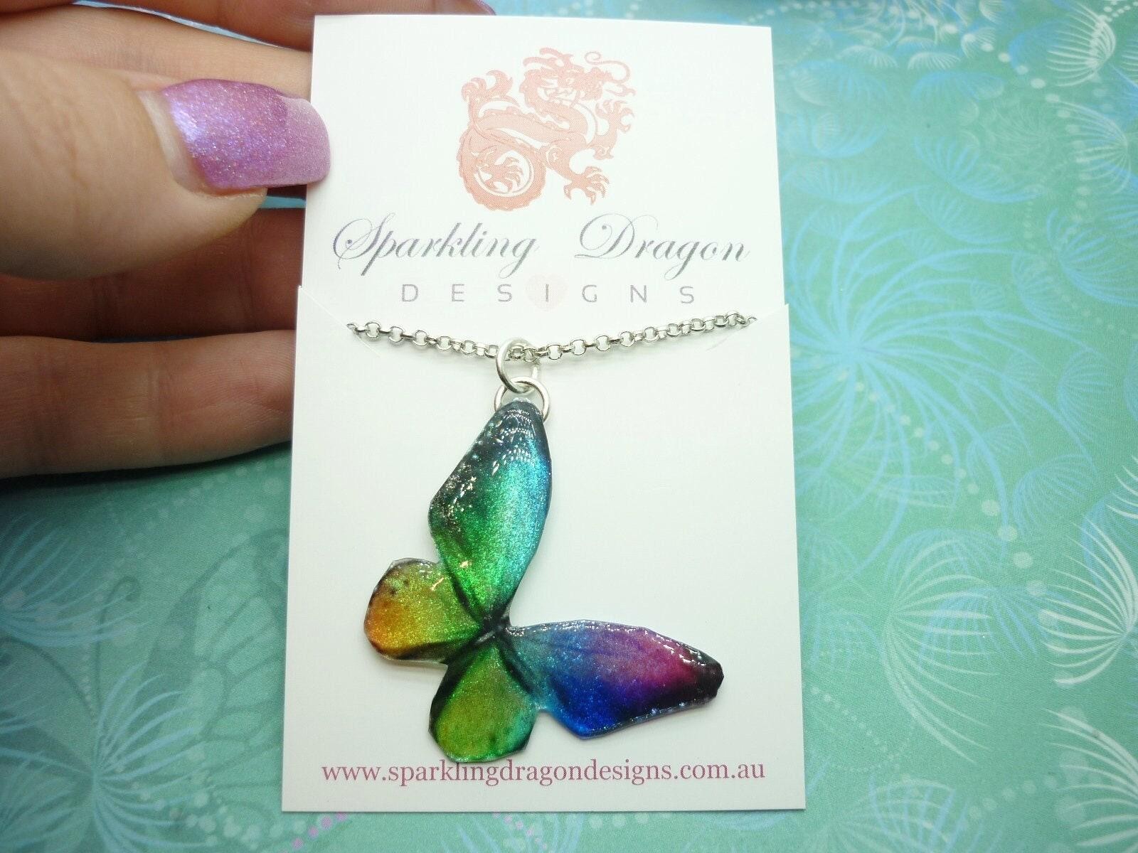 Butterfly necklace glittery rainbow on a sparkle silver plated chain – fairy