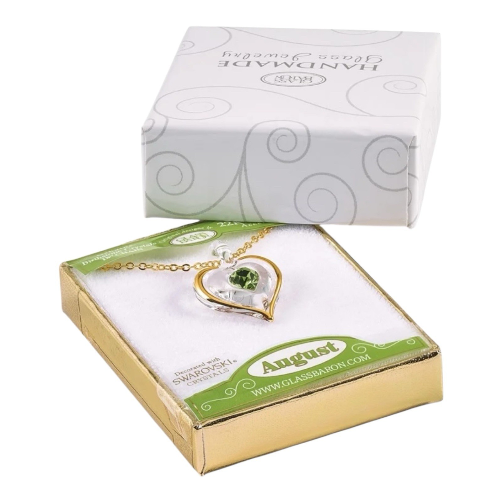 Necklace 22K Accent Gliding Gold Trim Glass Green August Birthstone Crystal 18″