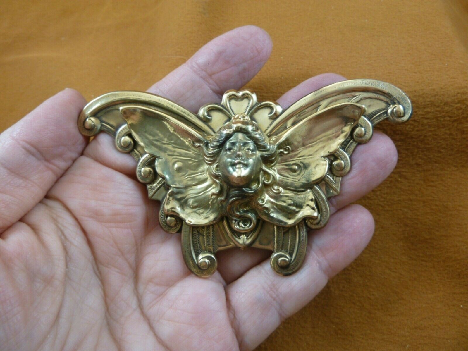 b-fair-4-3) Girl Lady fairy butterfly butterfly scrolled wings brass pin pendant