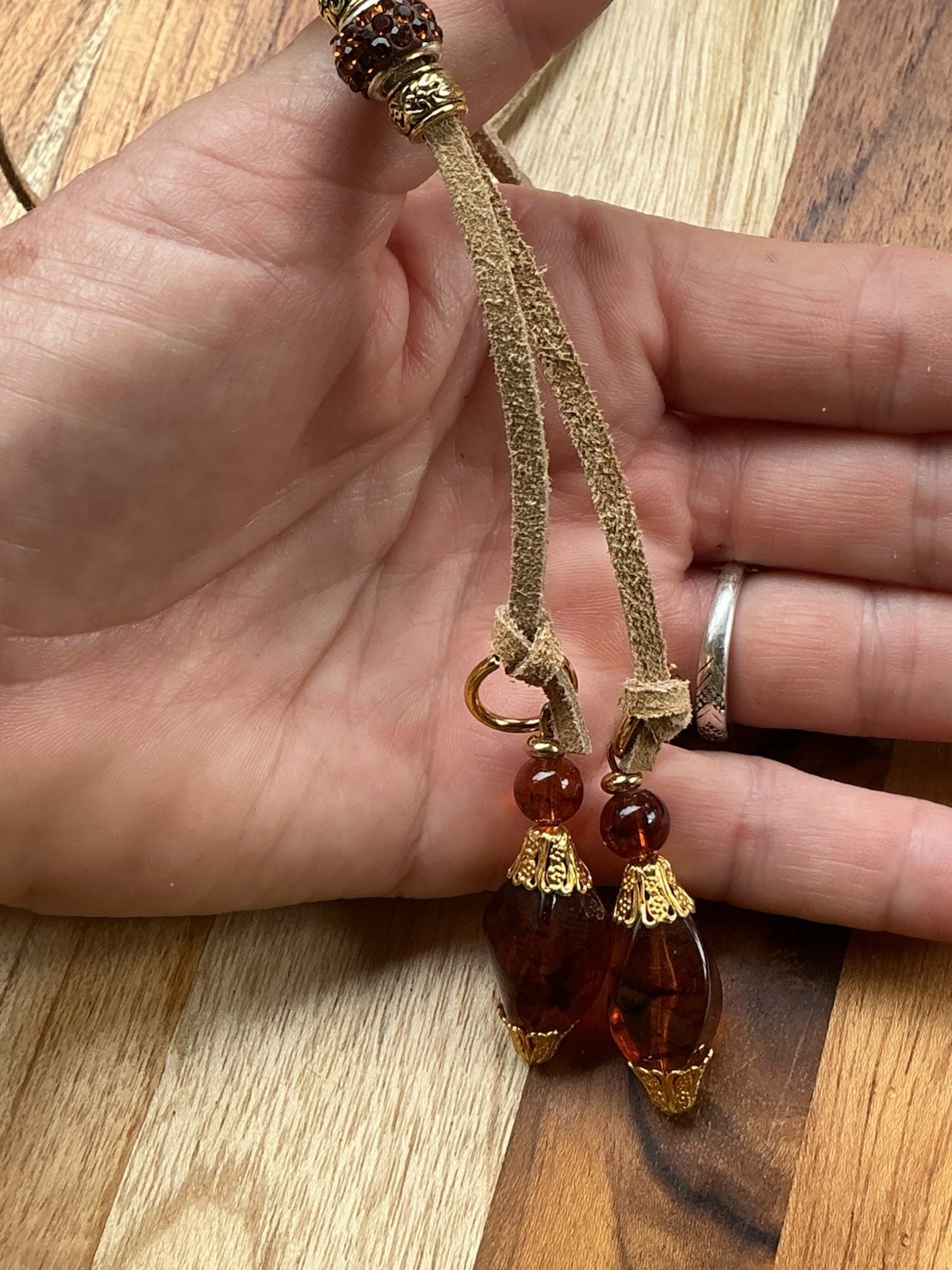 Western Beaded Bolo Necklace, Brown Glass Beads Leather Cord